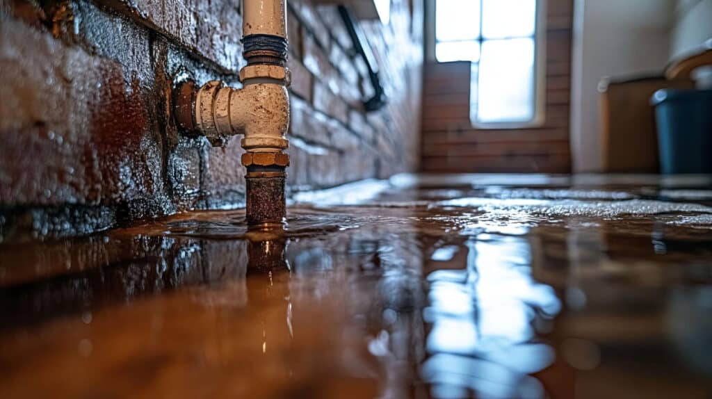 Leaking basement pipe with water pooling on floor along wet brick foundation wall