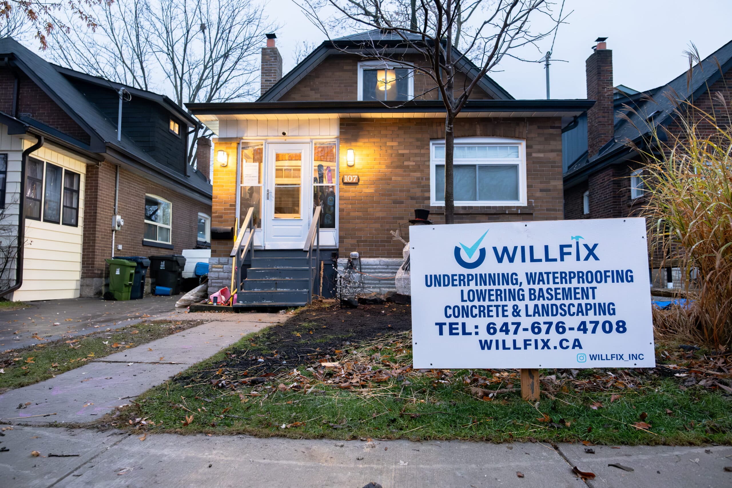 basement-underpinning-willfix Basement underpinning Willfix construction sign.