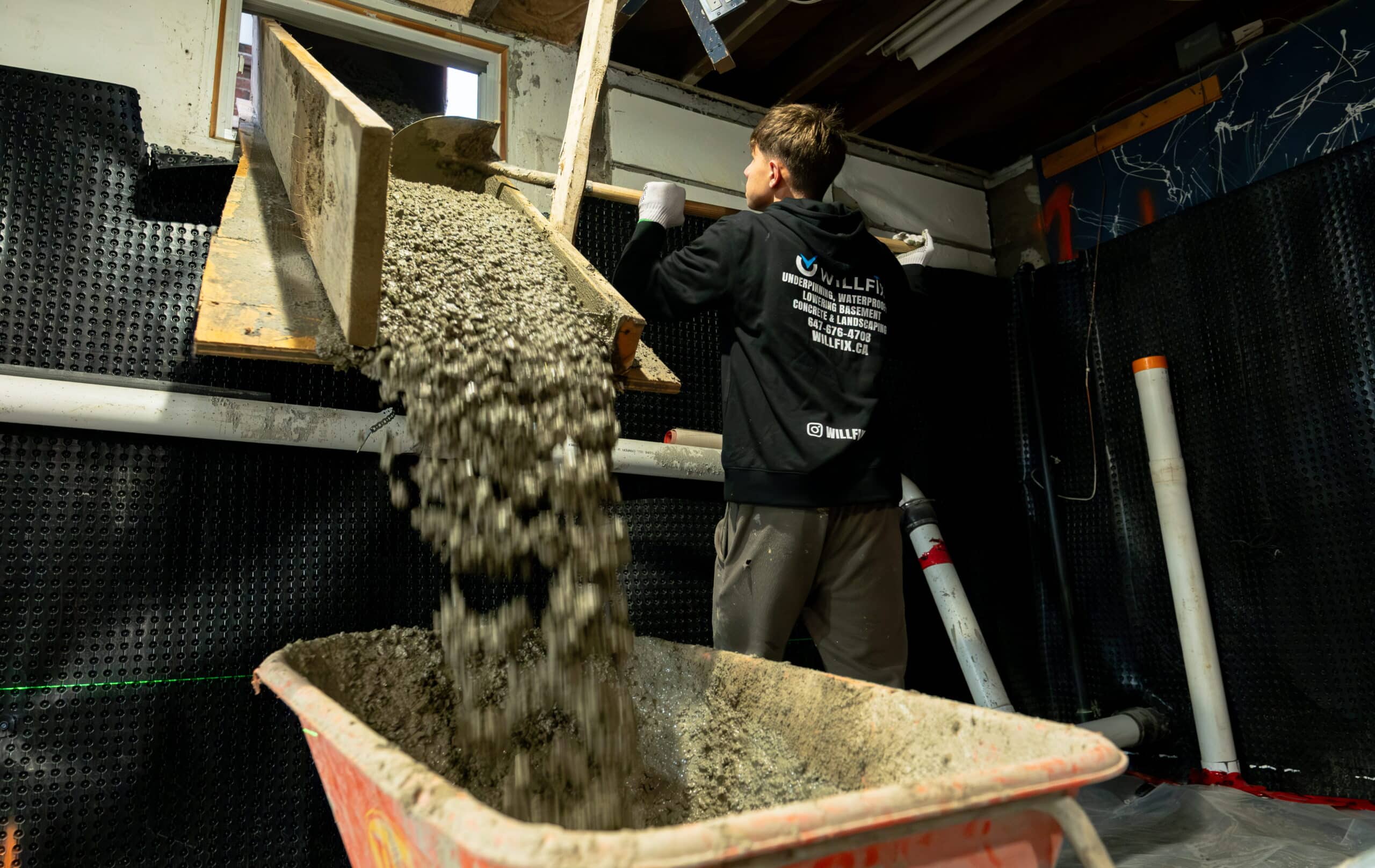concrete-work-financing-willfix Pouring concrete into wheelbarrow