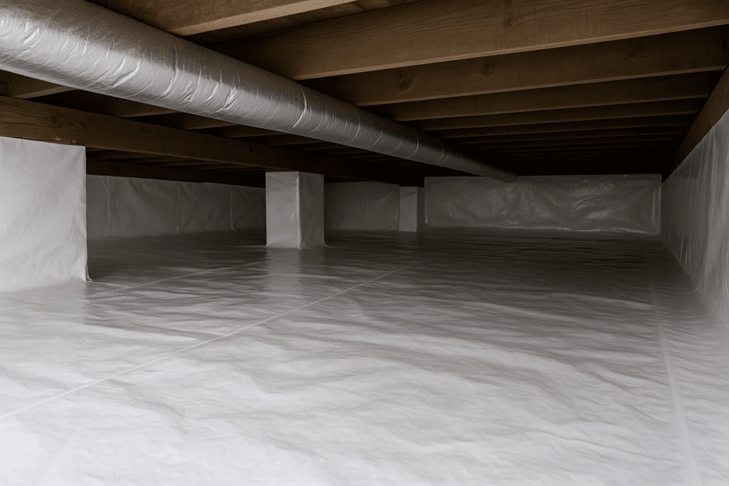 Clean crawl space after full encapsulation with white vapor barrier on floor and walls and insulated HVAC duct running overhead