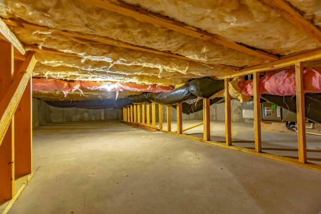 Unfinished crawl space with insulation