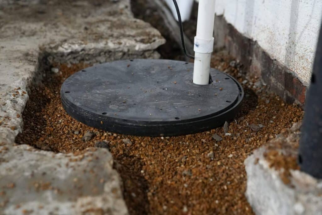 Sump pump with sealed lid installed in a basement floor pit with drainage gravel — sump pump installation by WillFix in Toronto